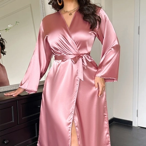 Elegant pink satin long bathrobe for women featuring a sexy V-neck and adjustable waist tie