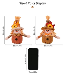 Size comparison for harvest sunflower scarecrows and pumpkin dolls with dimension markings