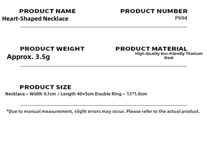 Detailed size specifications for heart pendant necklace in titanium steel with 18k gold