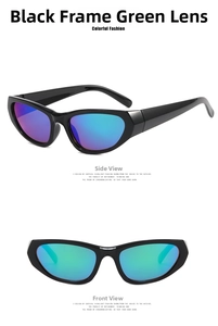Detail view of Y2K sports sunglasses with black thick frame and green mirrored lenses