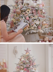 Detail of pink and rose gold Christmas ornaments with tree topper and plush decor