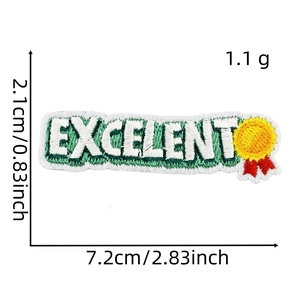 Detailed size view of EXCELLENT letter embroidery patch with green border and dimensions