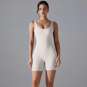 Close-up of nude-feel nylon jumpsuit featuring a deep U-neck and high elasticity fit