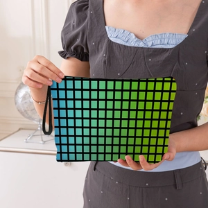 Checkered Gradient Cosmetic Bag Linen Like Polyester Makeup Pouch With Zipper And Wristlet Strap Multifunctional Travel Storage Bag For Women