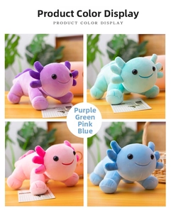 Axolotl plush toys set in purple, green, pink and blue colors with cute smiling faces