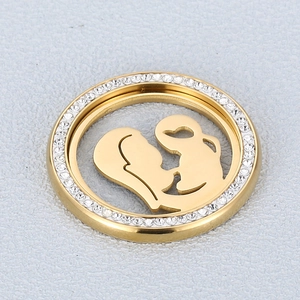 Golden stainless steel mother and child pendant with crystal rhinestones on a circular frame