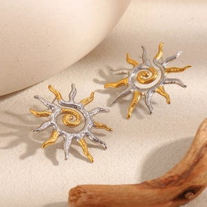 Two-tone sunburst spiral earrings in 18K gold and silver plated stainless steel