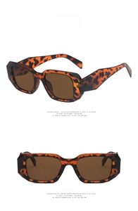 Detailed views of leopard print square sunglasses with tea lenses and thick frames