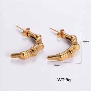 Elegant 304 stainless steel golden bamboo hoop earrings for women weighing 9g