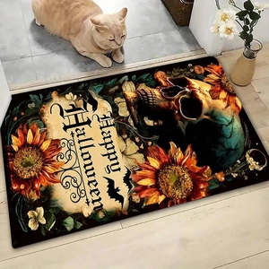 Detailed view of Halloween absorbent mat with skull, sunflower and cat on floor