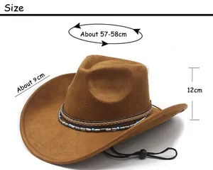 Size chart for brown suede western cowboy hat with brim and height dimensions