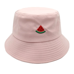 Pink cotton bucket hat with watermelon embroidery for summer outdoor sun protection