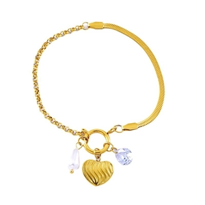 Gold stainless steel AB chain bracelet with heart, pearl, and zircon charms on white background