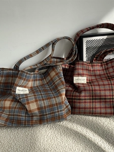 Retro plaid wool tote bags in blue and red patterns for autumn winter casual office wear