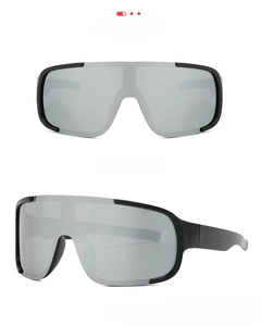 Front and side views of matte black sports sunglasses with silver mirrored lenses