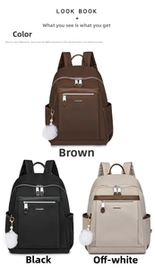 Three minimalist nylon backpacks in brown black and beige with faux leather details