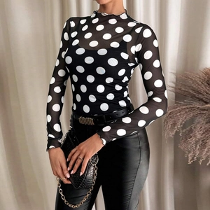 Gepunktetes Transparentes Mesh Oberteil Damen Langarm Halbstehkragen Rüschensaum Schmaler Schnitt Sexy Perspektive