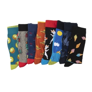 Assorted colorful patterned mid-calf socks with fruit, animal, and island creative prints