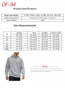 Detailed size chart for men hoodie showing S to 3XL dimensions in cm and inches