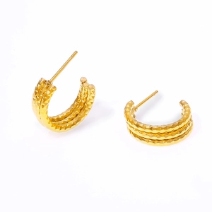 Golden triple-layered C-shaped textured titanium steel earrings with a minimalist finish