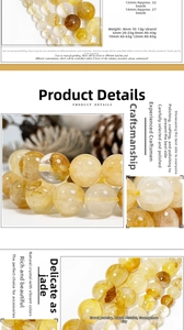 Macro shot of natural yellow crystal round beads showing clear textures and mineral inclusions