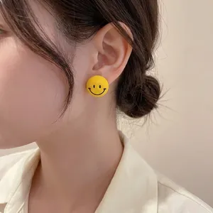 Alloy Round Smiley Face Stud Earrings With 925 Sterling Silver Earring Post Yellow Lacquer Trendy Sweet Jewelry For Women