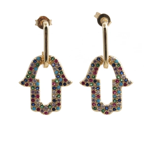 Exquisite 18K gold plated Hamsa Hand earrings with colorful zircon gemstones on white background