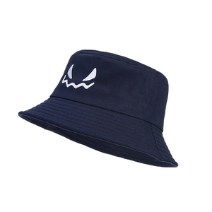 Dark blue cotton bucket hat with white embroidered ghost face for Halloween decor