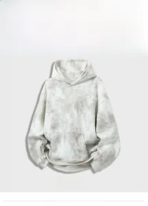 Detailed macro view of white grey tie-dye hoodie fabric texture and kangaroo pocket