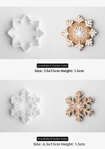 Macro detail of snowflake cookie cutters with dimensions for Christmas DIY baking