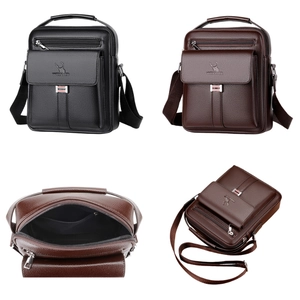 Men's vintage large capacity shoulder bag in textured black and dark brown leather