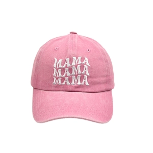 Detailed front view of washed pink baseball cap with white MAMA embroidery design