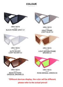 Six colors of trendy oversized cat eye sunglasses shown in a flat lay grid display