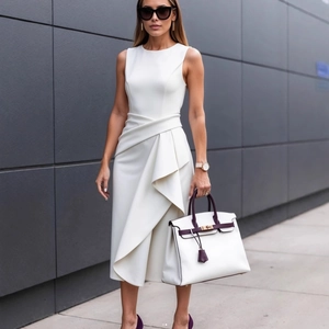 Elegant white sleeveless midi dress with asymmetrical waist pleats on a fashion model