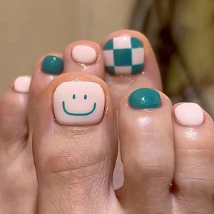 Press On Toenails Fake Toe Nails Smile Face Checkerboard Pattern Square Short Glossy Cute Artificial Foot Manicure For Women Girls