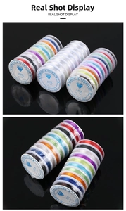 Close-up of multicolor polyurethane elastic crystal cords in 0.6mm, 0.7mm, and 0.8mm sizes