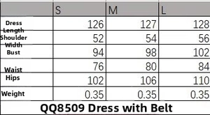 Guide des tailles détaillé pour la robe à ceinture avec mesures du buste et de la taille