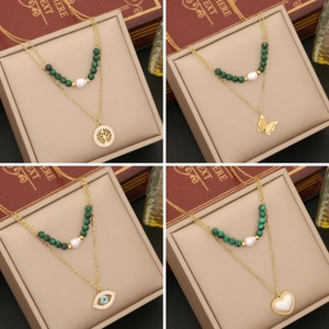 Layered Gold Plated Stainless Steel Necklace Women Malachite Beads Irregular Artificial Pearl Heart Evil Eye Butterfly Pendant