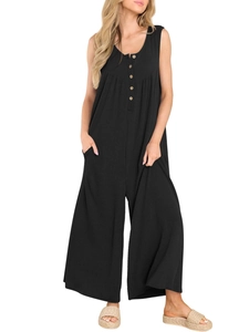 Close-up of black ribbed knit jumpsuit showing wooden buttons and textured fabric details
