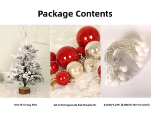 Mini PE flocked Christmas tree with red gold ornaments and LED string lights on white rug