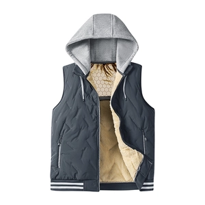 Men's navy thermal hooded vest with graphene insulation and warm fleece lining