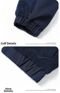 Detail of navy blue fleece jacket showing elastic cuffs and hem stitching texture