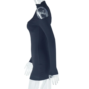 Detail view of the cut-out shoulder design and high collar on this black slim fit dress