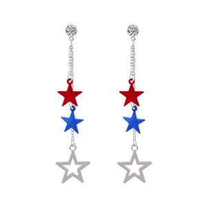 Patriotic USA flag colors rhinestone star drop earrings in red white and blue finish