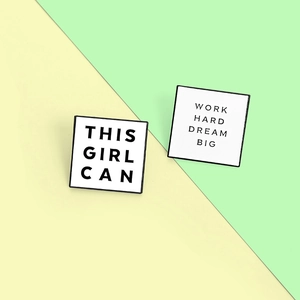 Minimalist square enamel pins with This Girl Can and Work Hard Dream Big motivational text