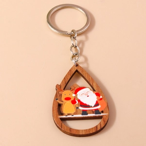 Porte-clés de Noël en bois en forme de goutte avec motif Père Noël et renne peint
