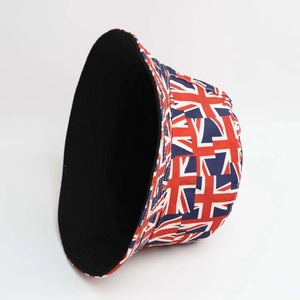 Unisex cotton bucket hat featuring a Union Jack UK flag print and black reversible lining