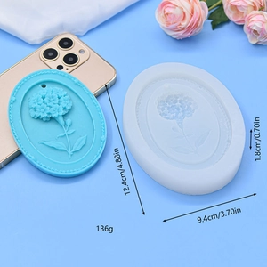Oval hydrangea silicone mold for plaster ornaments with dimensions and finished sample