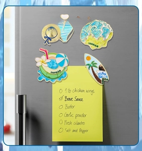 Detailed view of Sanya tropical themed metal fridge magnets on a brushed metal surface