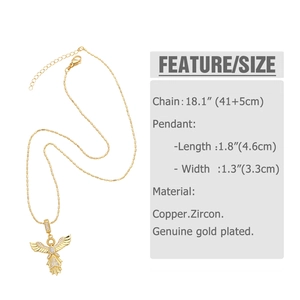 Detailed size specifications for angel pendant necklace with gold plating and cubic zirconia